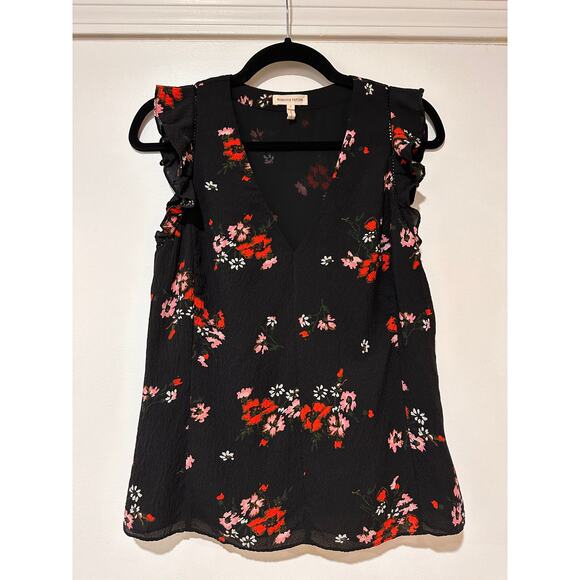Rebecca Taylor Marguerite Black Floral Silk Top Size US XS 2 (EU 6) EUC Ruffles - Picture 2 of 11
